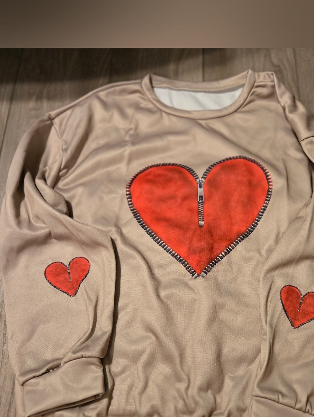 Womens Beige Pajama Top with Red Heart Accents